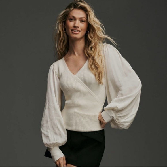 Anthropologie Sweaters - Anthropologie Ivory Twofer Faux Wrap Sweater With Satin Balloon Sleeves Size XXS